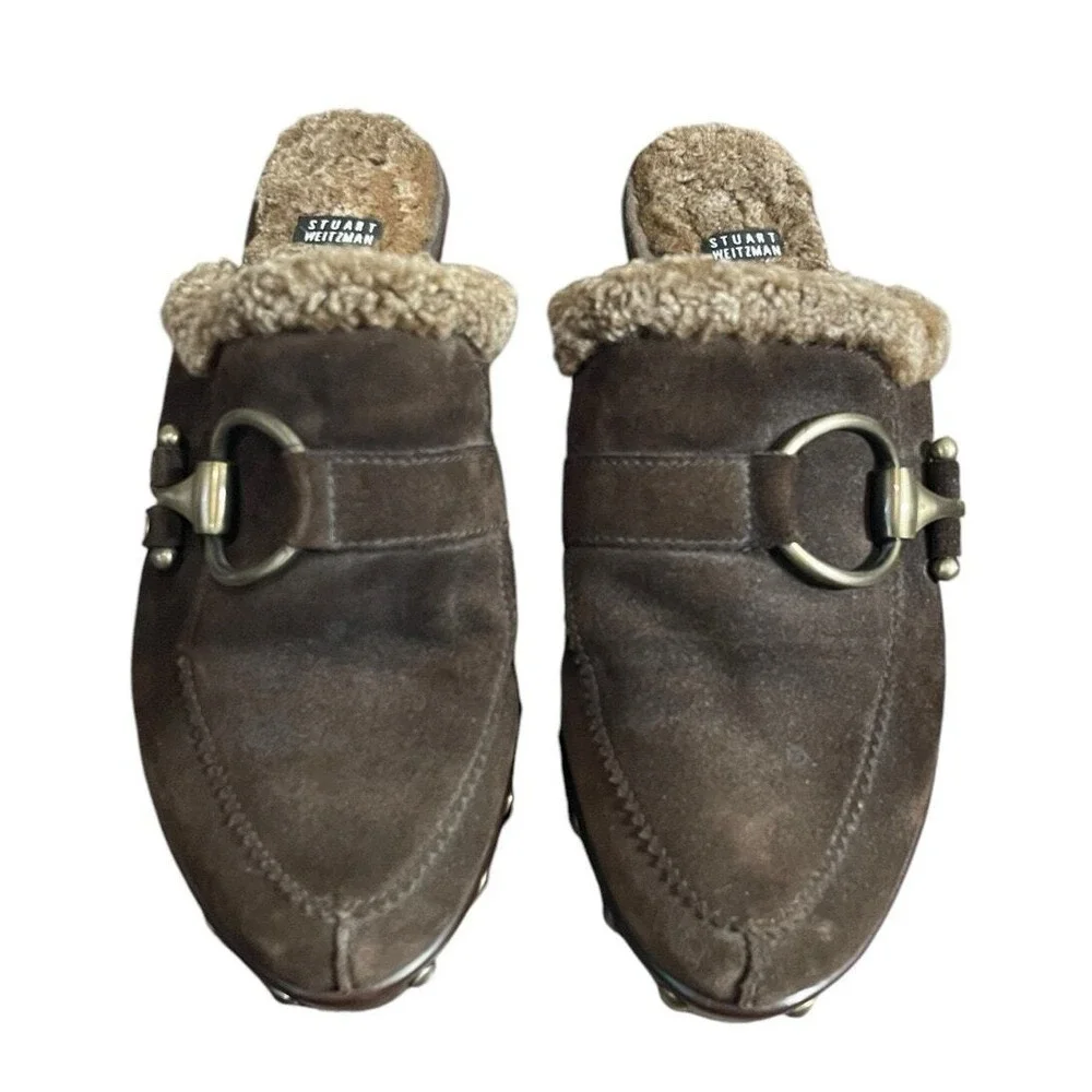 Stuart Weitzman Clogs Mule Brown Suede Sherpa Lined‎ Platform 9 Boho